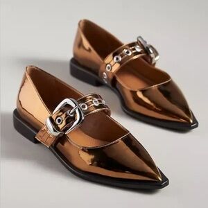 ANTHROPOLOGIE Maeve Pointed-Toe Moto Mary Jane Flats, Gold, Size 10